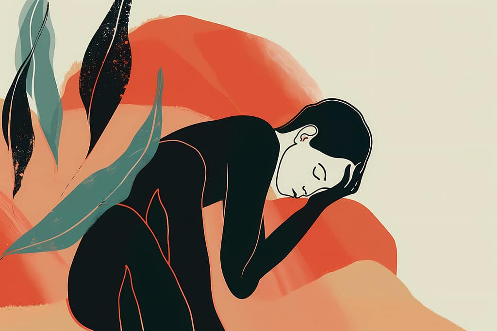 Liggende vrouw met ogen dicht en hand op het hoofd